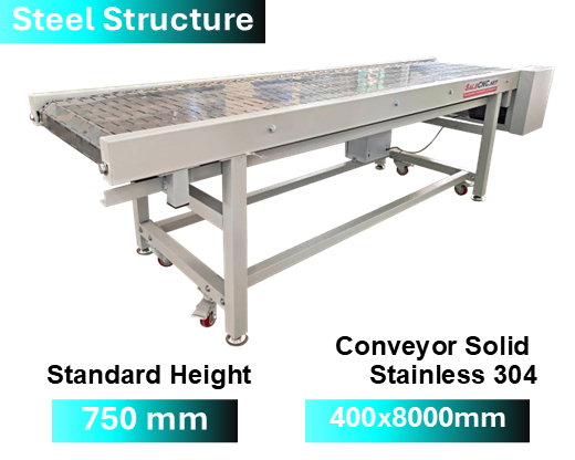 Steel Structure Stainless 304 Conveyor Solid 400x8000 mm 1 Steel Structure  Stainless 304 Conveyor Solid 400x8000 mm