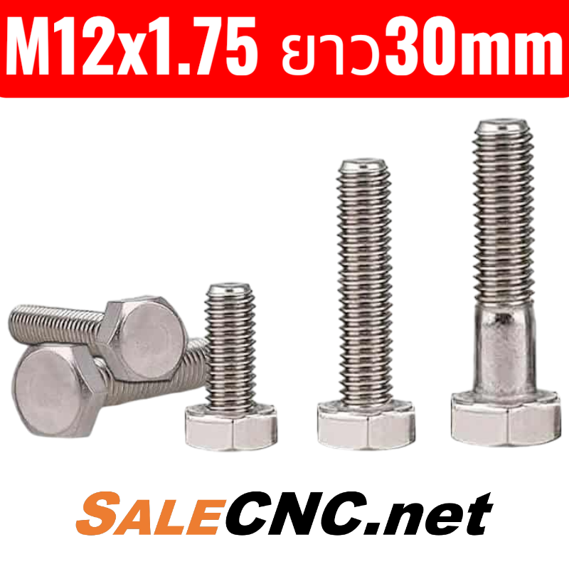 น็อตหัวเหลี่ยมสแตนเลส ขนาด M12x1.75 ยาว30mm 2 น็อตหัวเหลี่ยมสแตนเลส ขนาด M12x1.75 ยาว30mm