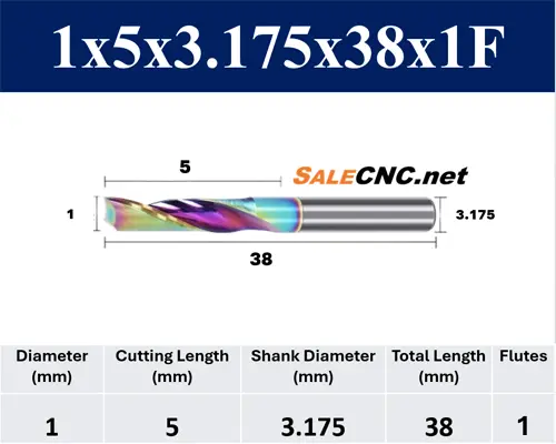 End Mill, 1 Flute, 1x5-3.175-38 mm, Carbide with Rainbow Coating 2