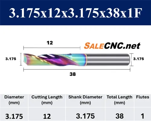 Carbide End Mill for Aluminum - 3.175x12x38 mm, 1 Flute, Rainbow Coating 2