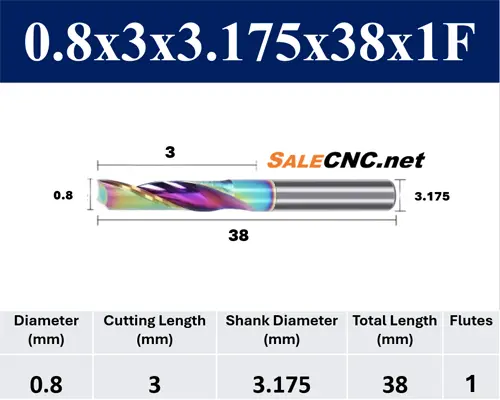 End Mill 1 Flute, 0.8x3-3.175-38 mm (Carbide, Rainbow Coating) 2 ดอกกัด