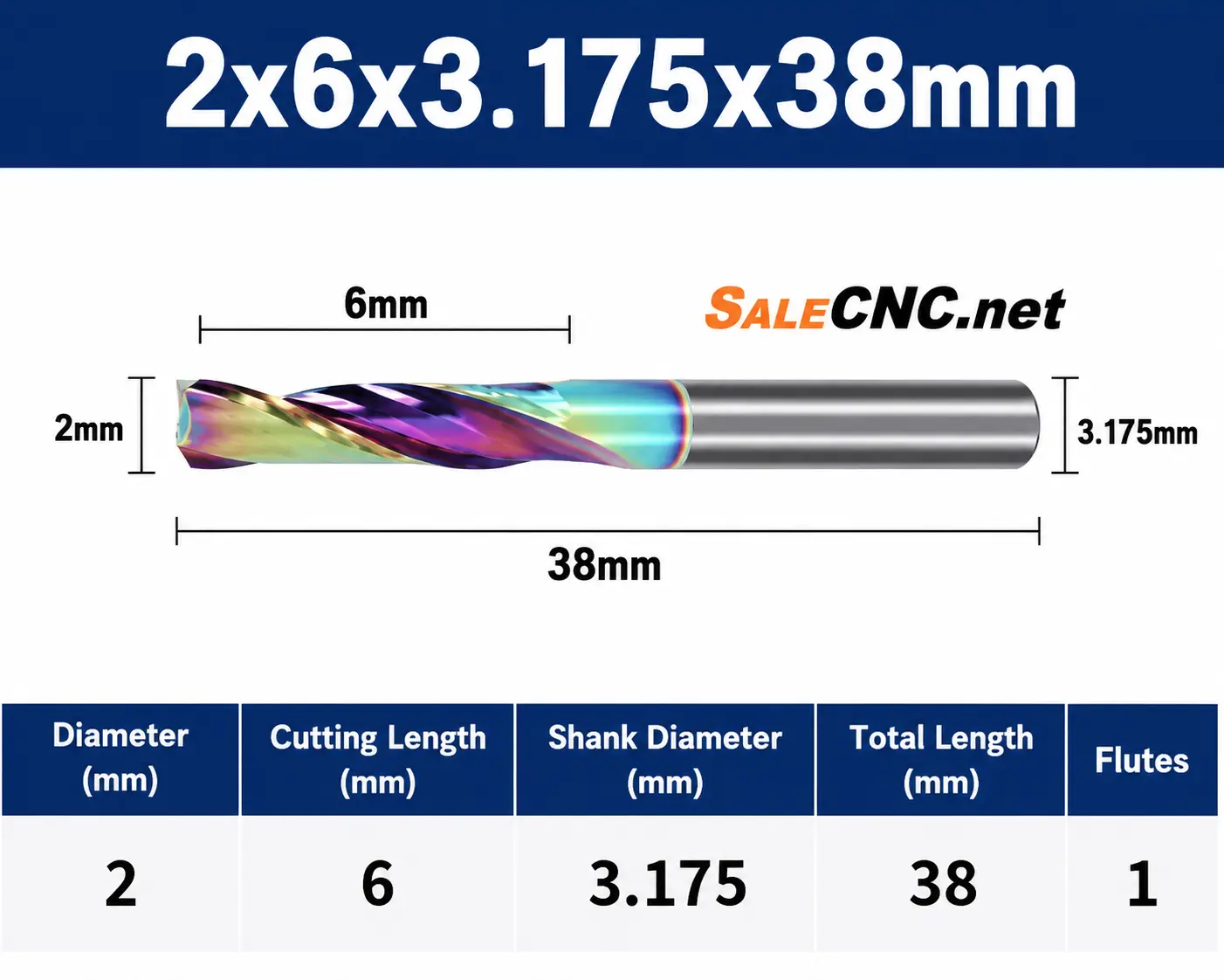 Cutting Tool 2x6x3.175x38mm – 1 Flute 2
